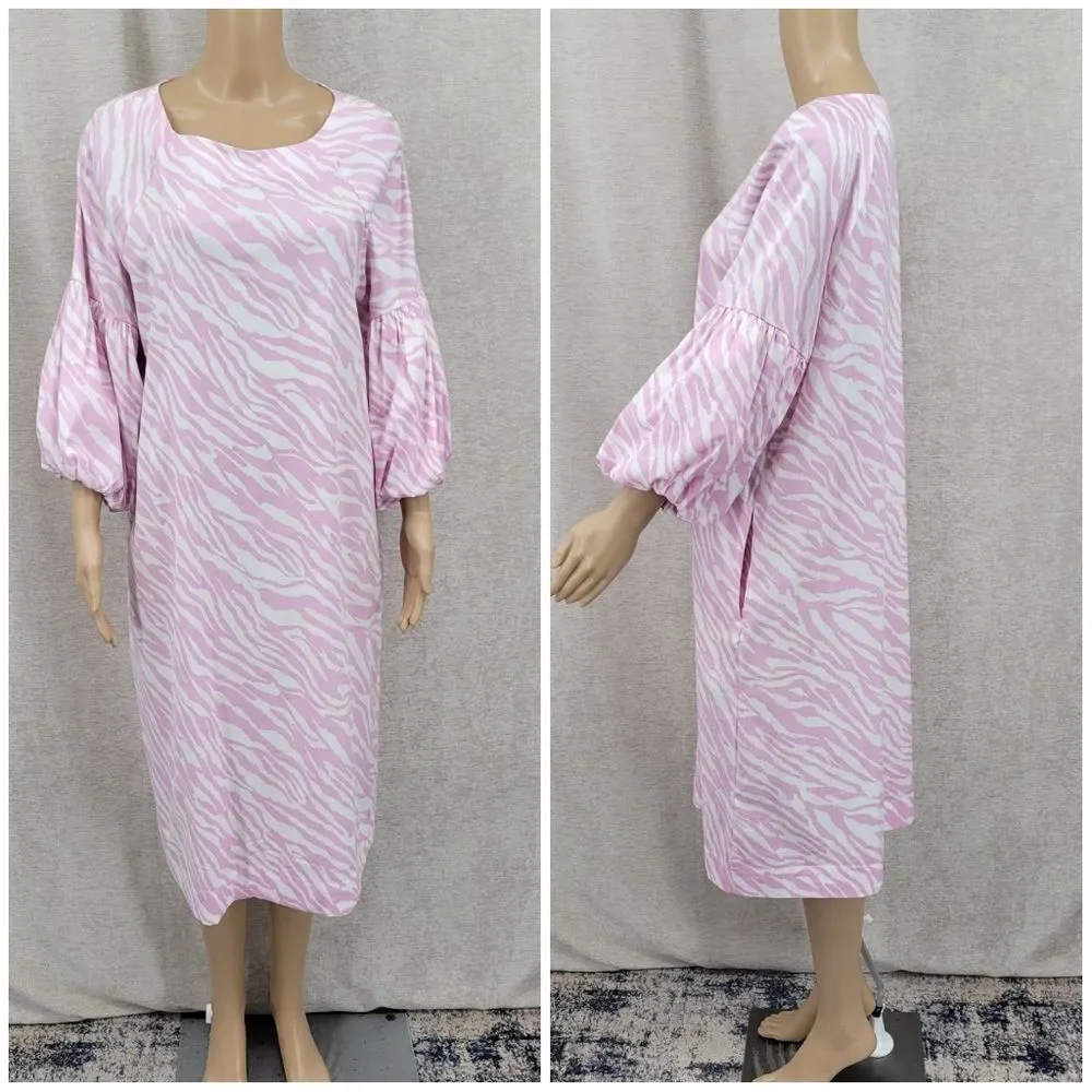 Chico's Dress Pink Zebra Print Ballon Sleeve Midi Dress Poplin Stretch NEW - Picture 15 of 16
